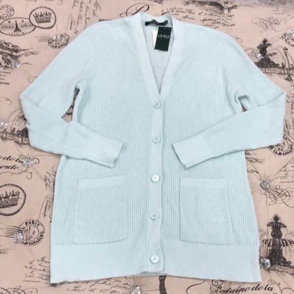 Lauren Ralph Lauren Ribbed Cotton Aqua Cardigan - Picture 2 of 6